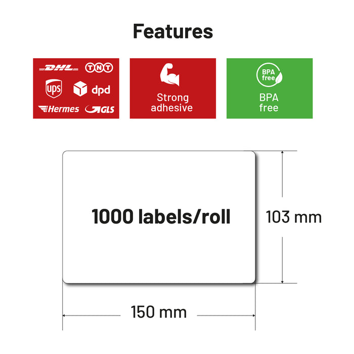 Versandetiketten 103x150mm für DHL, Hermes, UPS & Co (3 Zoll Kern)